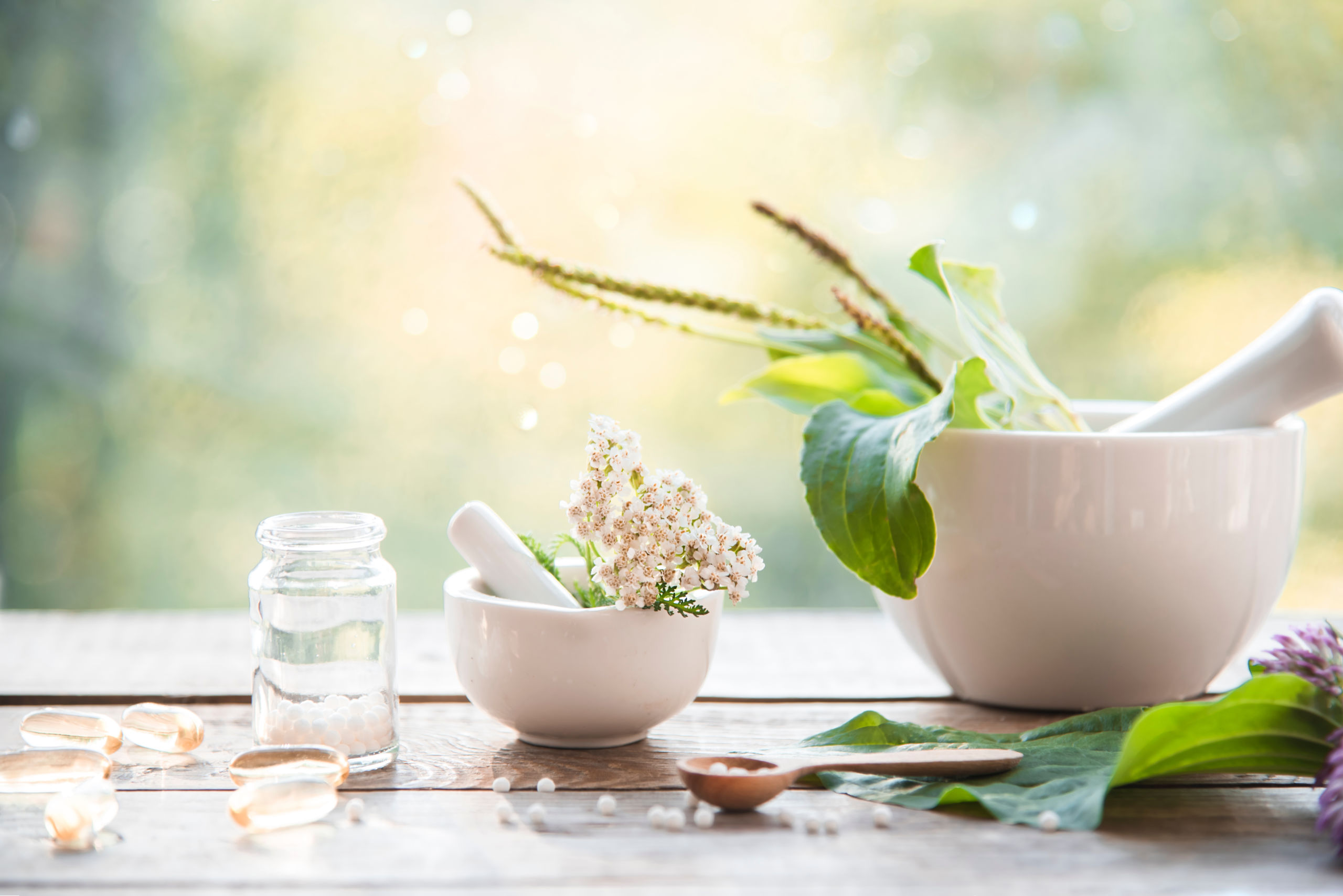 homeopathic granules, medicinal herbs on a natural wooden table